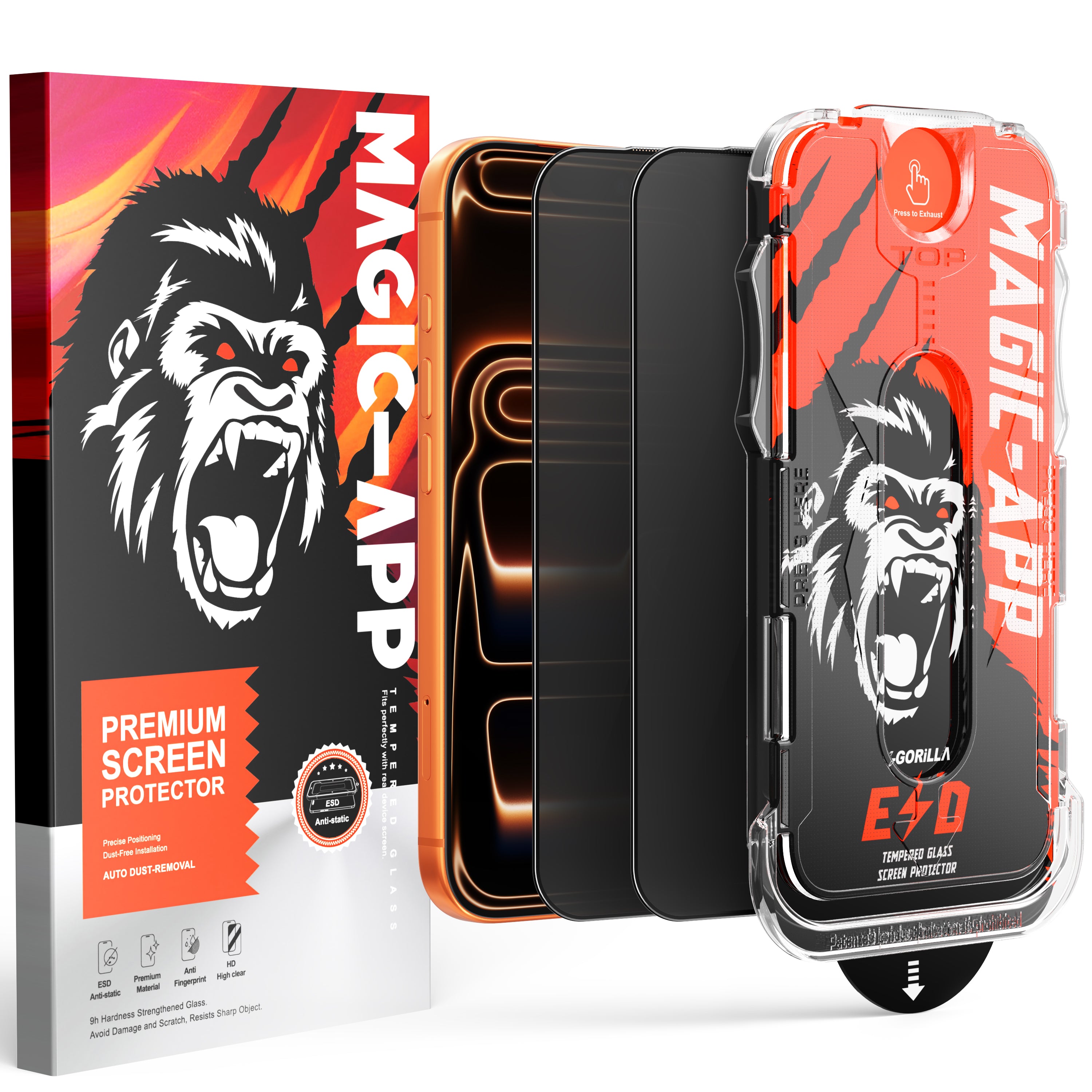 Magic-App Premium X-Gorilla 2 Pack Dust Free Installation HD Privacy Tempered Glass Film for iPhone 17 16 15 14 Series Screen Protector Cover