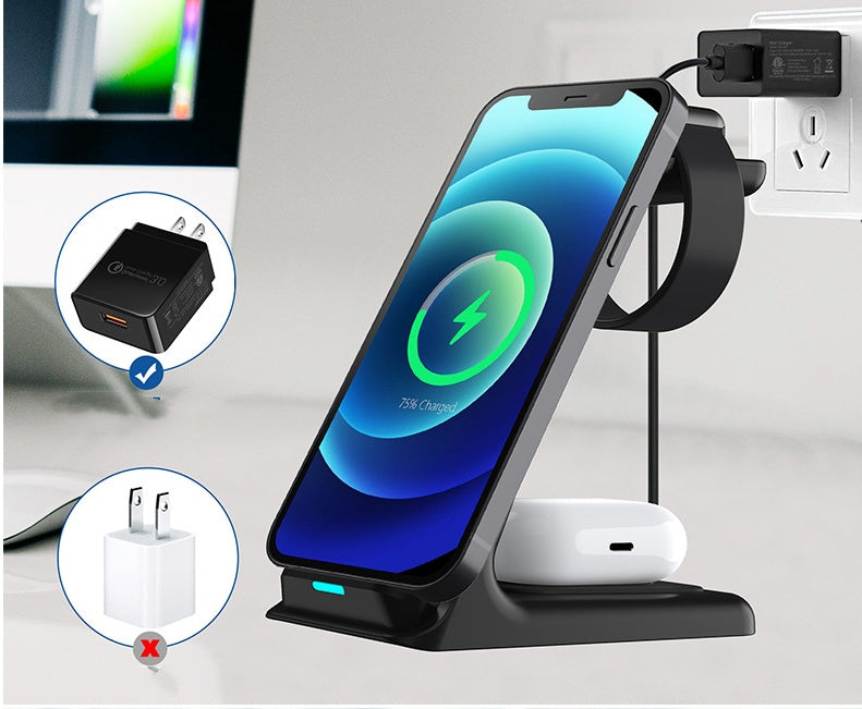 Vertikales 3-in-1-Wireless-Ladegerät 15W Schnellladung Doppelspulen-Tischständer-Wireless-Ladegerät