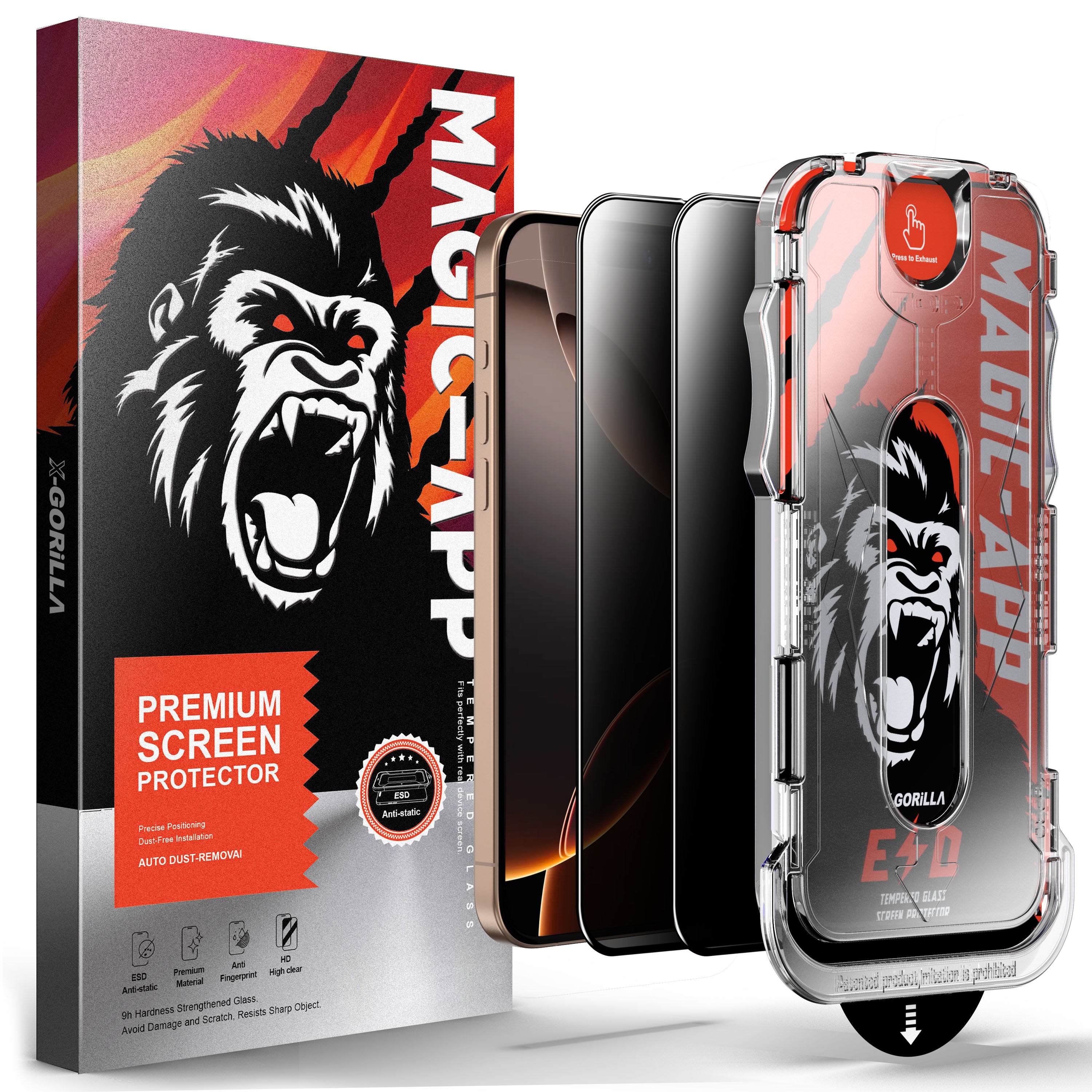 Magic-App Premium X-Gorilla 2er-Pack staubfreie Installation HD Privacy Panzerglasfolie für iPhone 17 16 15 14 Series Displayschutzfolie
