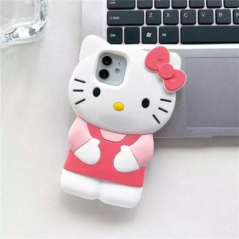 Bowknot Kitty Cat 3D Silicone Soft Phone Case for iPhone 4–17 Series, Cute Protective Cover