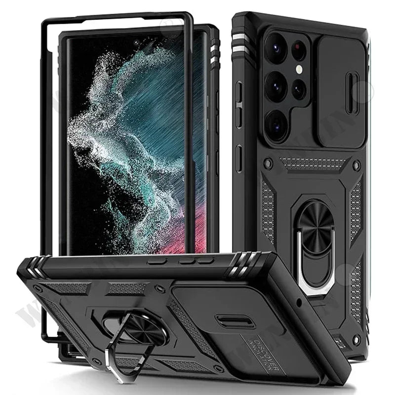 Heavy Duty Kickstand Case for Samsung Galaxy S23–S26 & A Series – 360° Camera Protection Cover for Ultra / Plus / FE / A17 / A16 / A57 / A56 / A37 / A36 5G