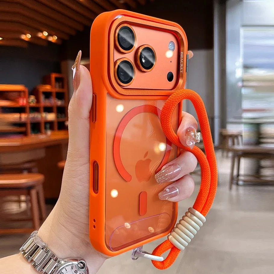 MagSafe Camera Bracket Phone Case for iPhone 11–17 Series – Protective Cover with Wrist Strap, Lens Film & Camera Stand