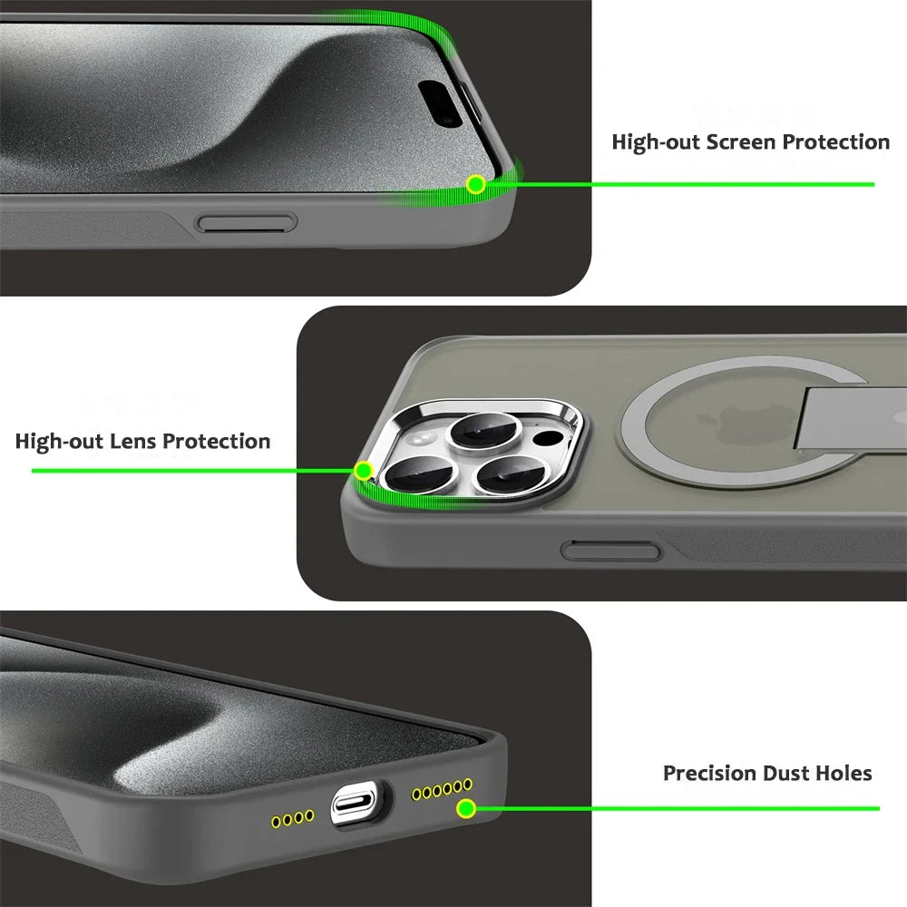 Luxury MagSafe Folding Stand Case for iPhone 11–16 Series – Magnetic Matte Translucent Protective Back Cover