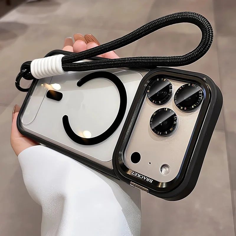 MagSafe Camera Bracket Phone Case for iPhone 11–17 Series – Protective Cover with Wrist Strap, Lens Film & Camera Stand