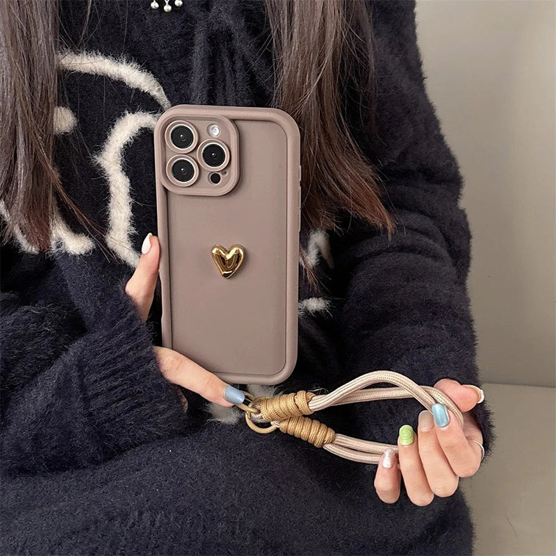 Cute Korean 3D Golden Love Heart Soft Case for iPhone 7–17 Series, Wrist Chain Strap Protective Cover