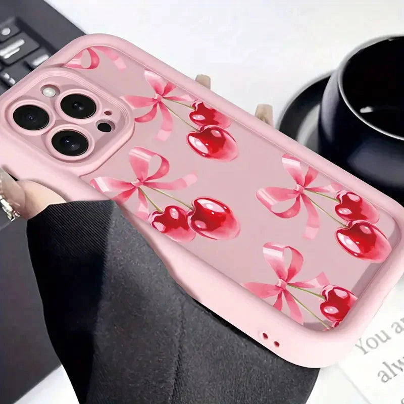 Wine Red Cherry Print Phone Case for iPhone 7–17 Series – Luxury Shockproof Silicone Protective Cover