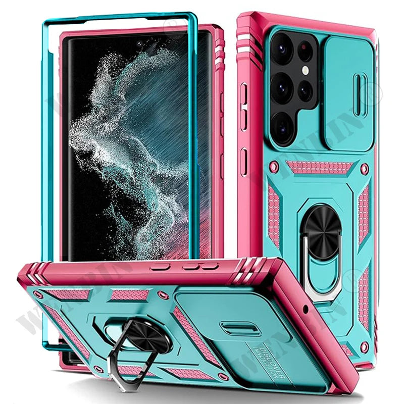 Heavy Duty Kickstand Case for Samsung Galaxy S23–S26 & A Series – 360° Camera Protection Cover for Ultra / Plus / FE / A17 / A16 / A57 / A56 / A37 / A36 5G