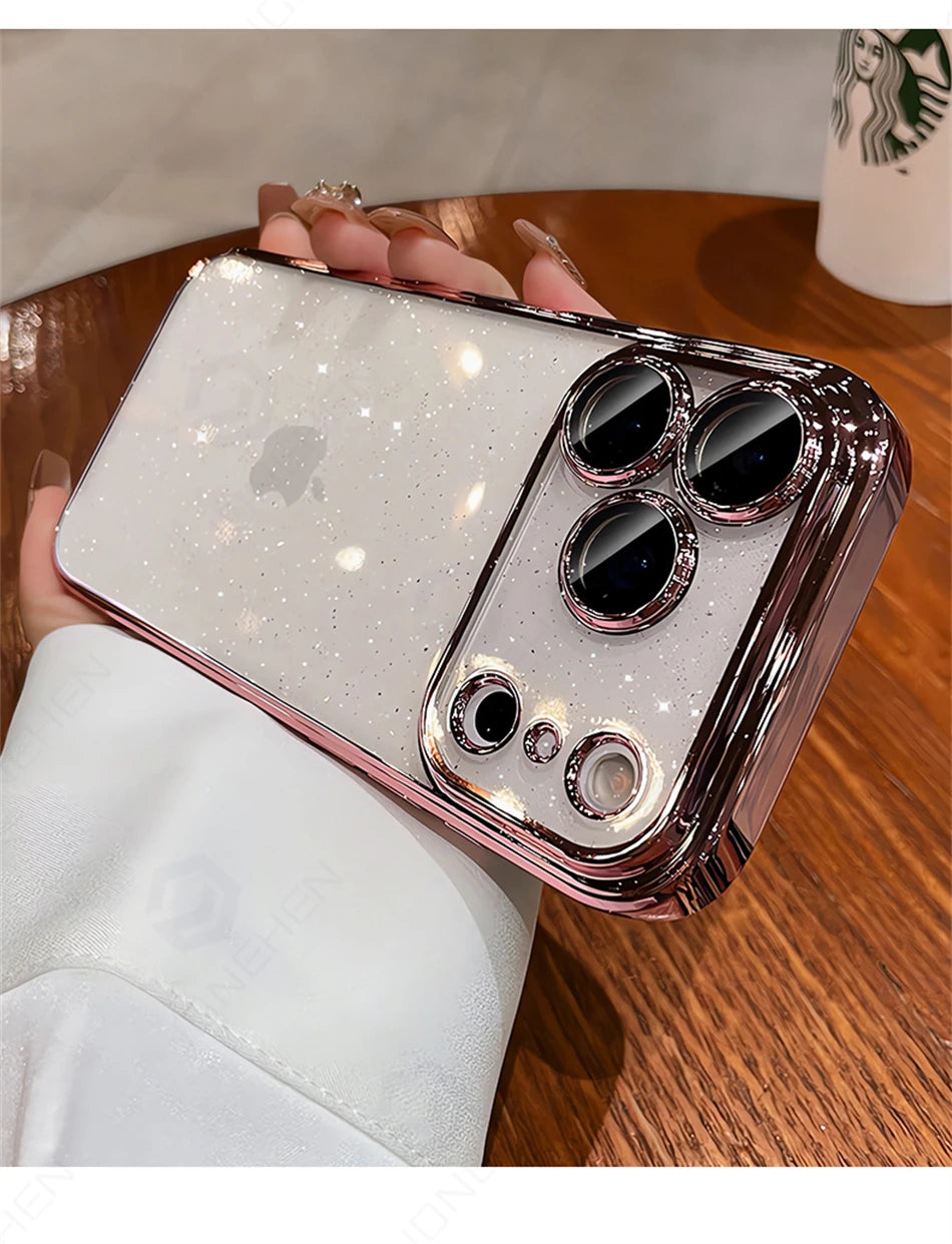 Luxury Transparent Glitter Clear Slim Case for iPhone 12–17 Series, Orange Painted Bumper Lens Protection Hard Cover