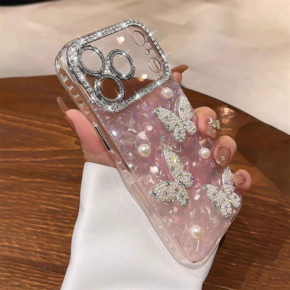 Rhinestone Glitter Pearl Butterfly Phone Case for iPhone 12–17 Series, Diamond Camera Protection Cover