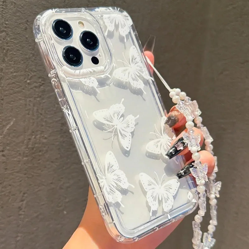 Butterfly Pattern Phone Case for iPhone 7–17 Series – Transparent Protective Cover with Lanyard