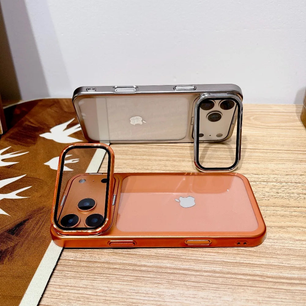 Ultra Thin Transparent Camera Stand Case for iPhone 17 / 17 Pro / 17 Air / 17 Pro Max – Plated Glass Shockproof Cover