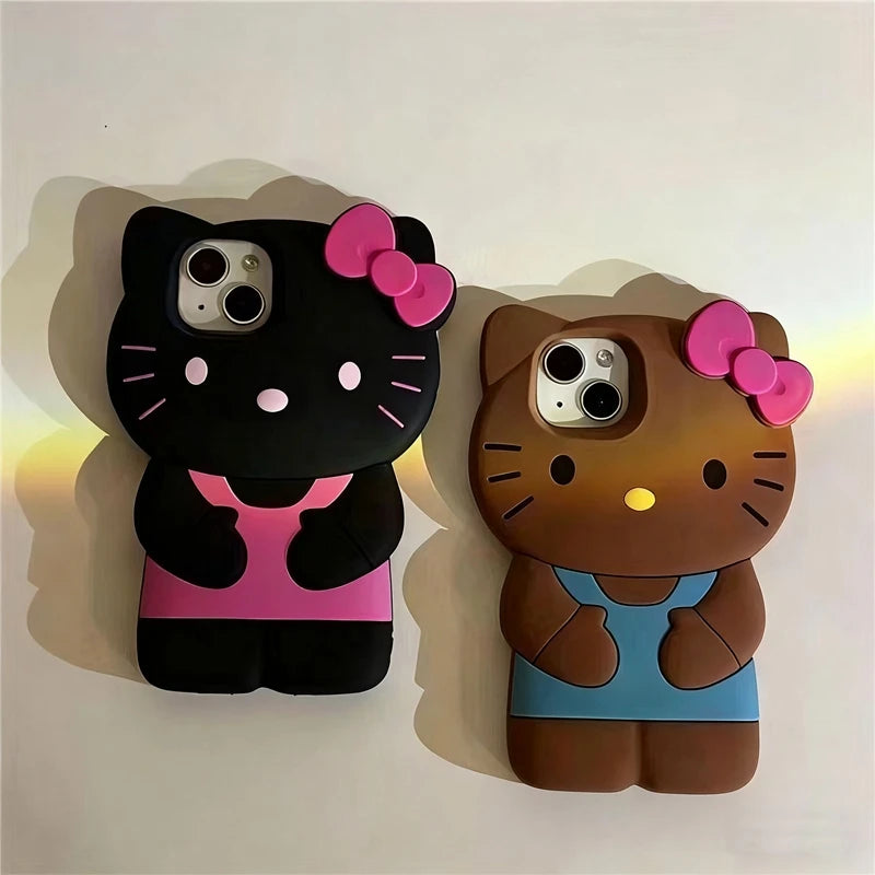 Bowknot Kitty Cat 3D Silicone Soft Phone Case for iPhone 4–17 Series, Cute Protective Cover