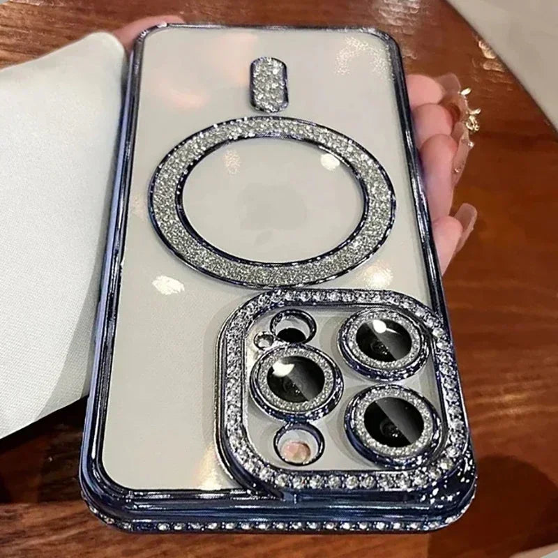 Glitter Diamond Transparent Phone Case for iPhone 11–17 Series – Magnetic Wireless Charging Bumper Cover