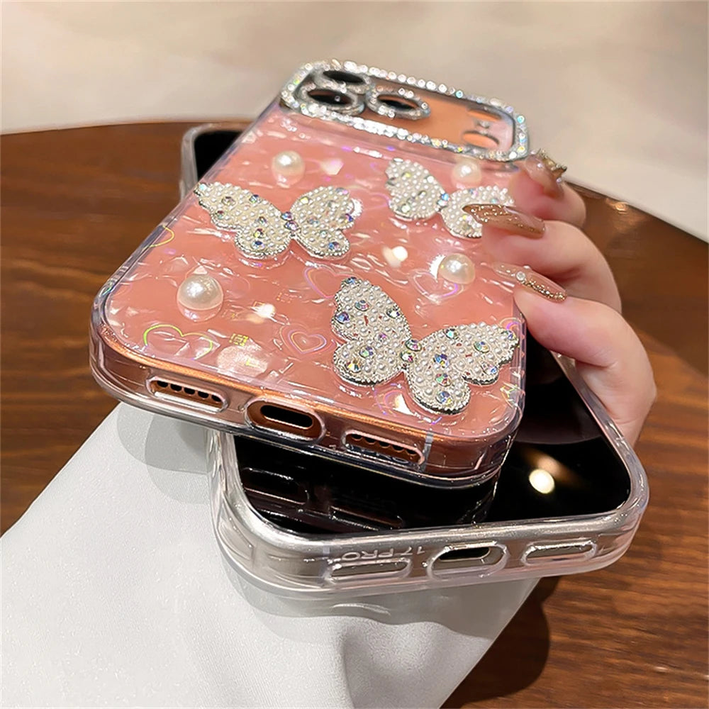 Rhinestone Glitter Pearl Butterfly Phone Case for iPhone 12–17 Series, Diamond Camera Protection Cover