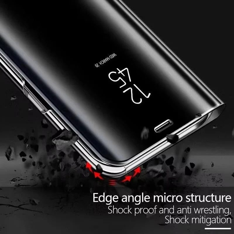 Luxury Mirror Flip Case for Samsung Galaxy S21–S26 Series – Shockproof Leather Texture Protective Cover
