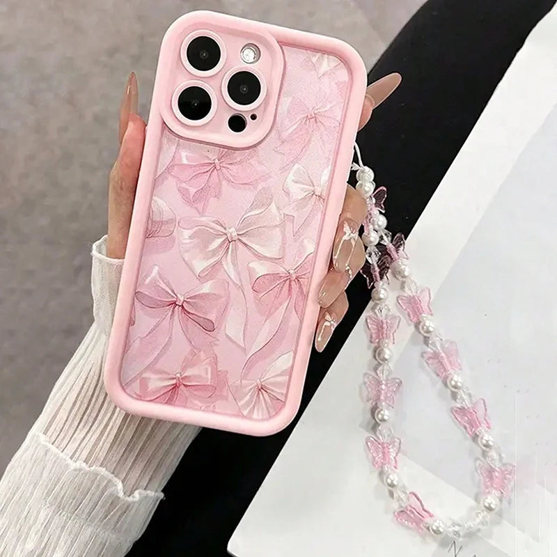 Pink Bow Silicone Phone Case for iPhone 7–17 Series – Cute Butterfly Charm Protective Cover iPhone