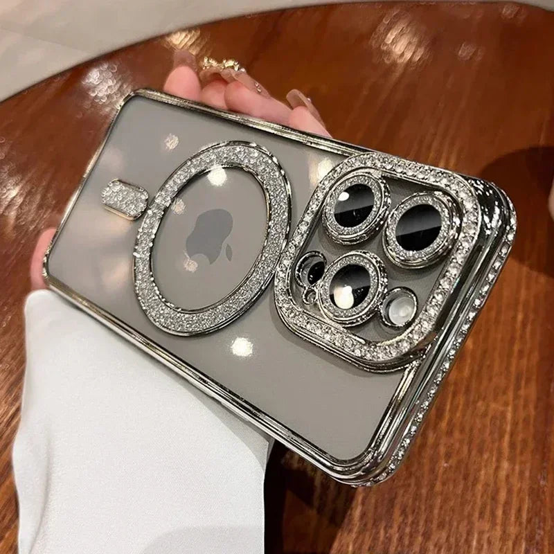 Glitter Diamond Transparent Phone Case for iPhone 11–17 Series – Magnetic Wireless Charging Bumper Cover