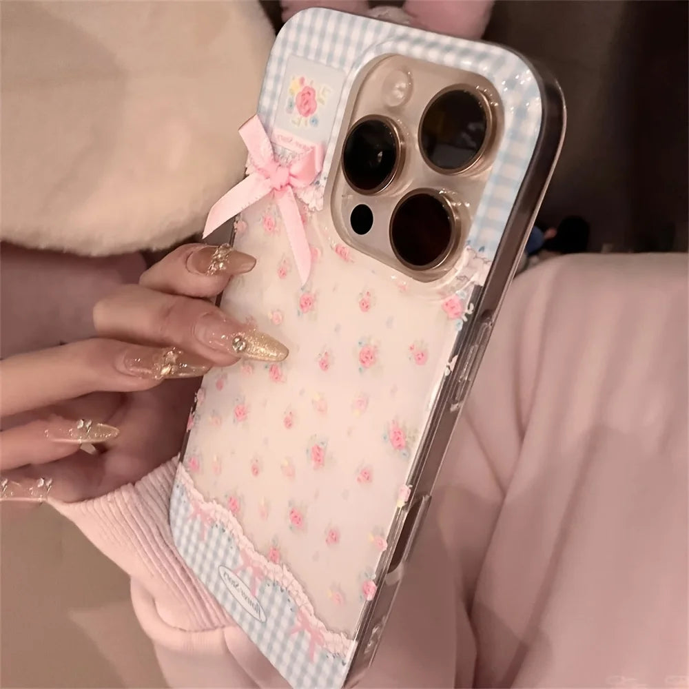 Retro Plaid Floral Bowknot Phone Case for iPhone 7–17 Series – Korean Style Soft Protective Cover