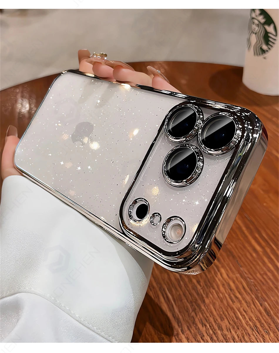 Luxury Transparent Glitter Clear Slim Case for iPhone 12–17 Series, Orange Painted Bumper Lens Protection Hard Cover