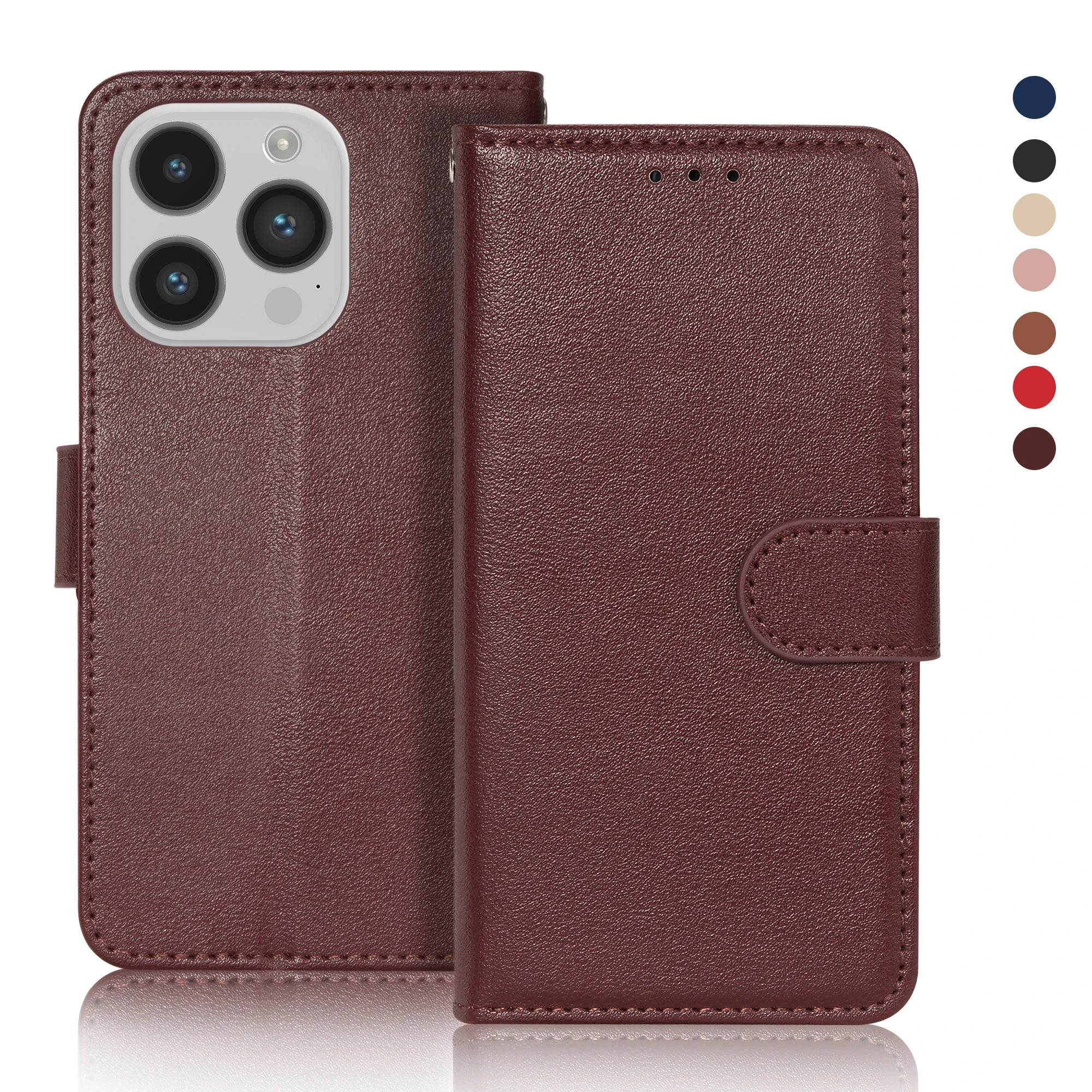 Leather Flip Wallet Stand Case for iPhone 6–15 Series, Protective Cover