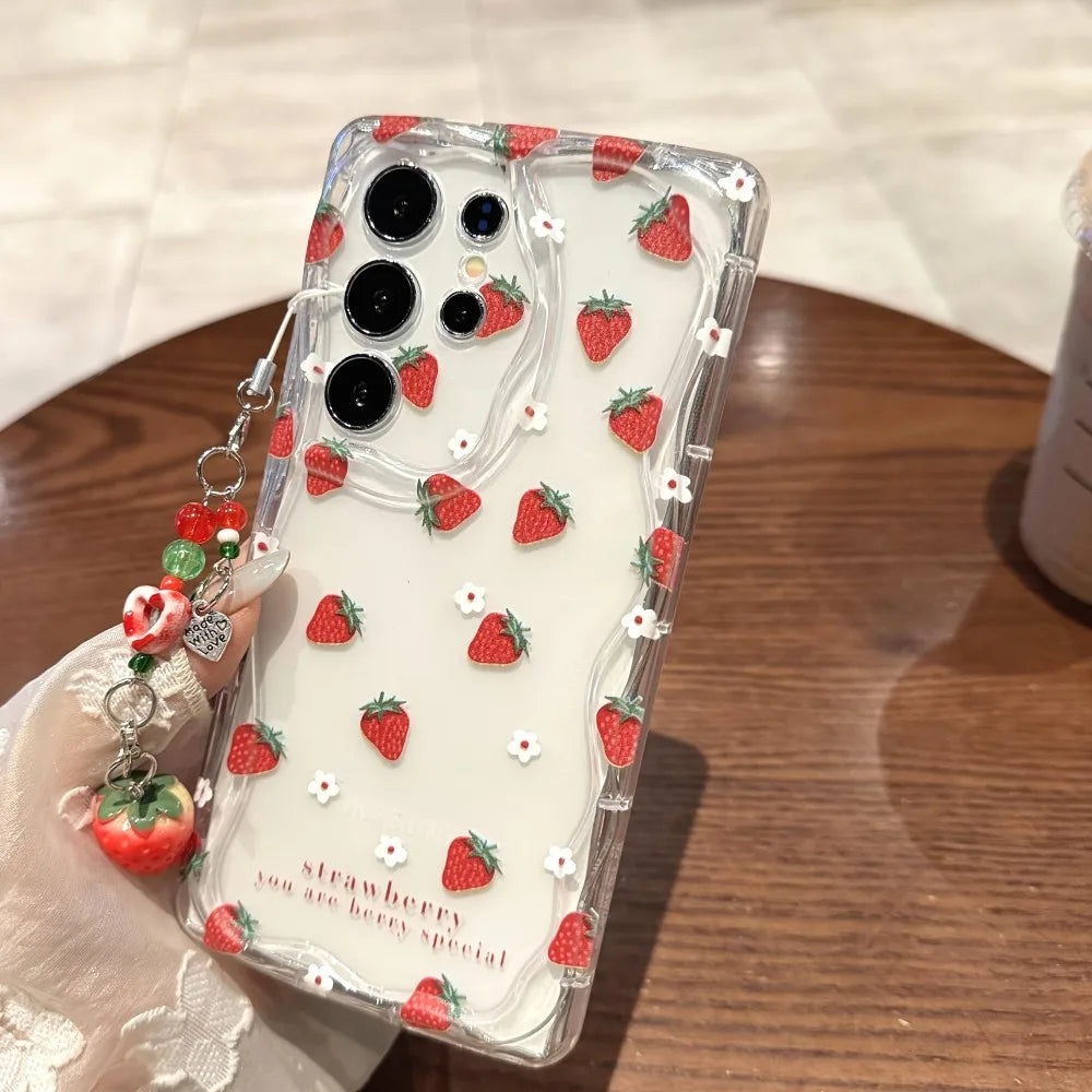 Cute Strawberry Pattern Phone Case for Samsung Galaxy S22–S26 & A Series – Transparent Protective Cover for Ultra / Plus / FE