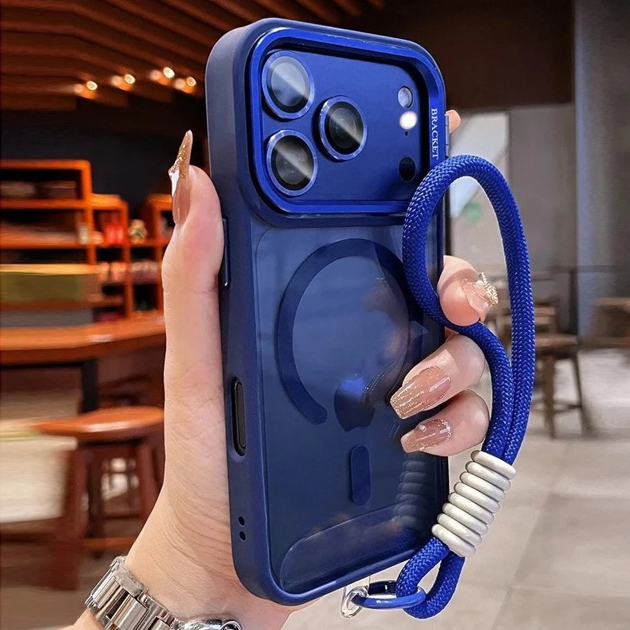 MagSafe Camera Bracket Phone Case for iPhone 11–17 Series – Protective Cover with Wrist Strap, Lens Film & Camera Stand