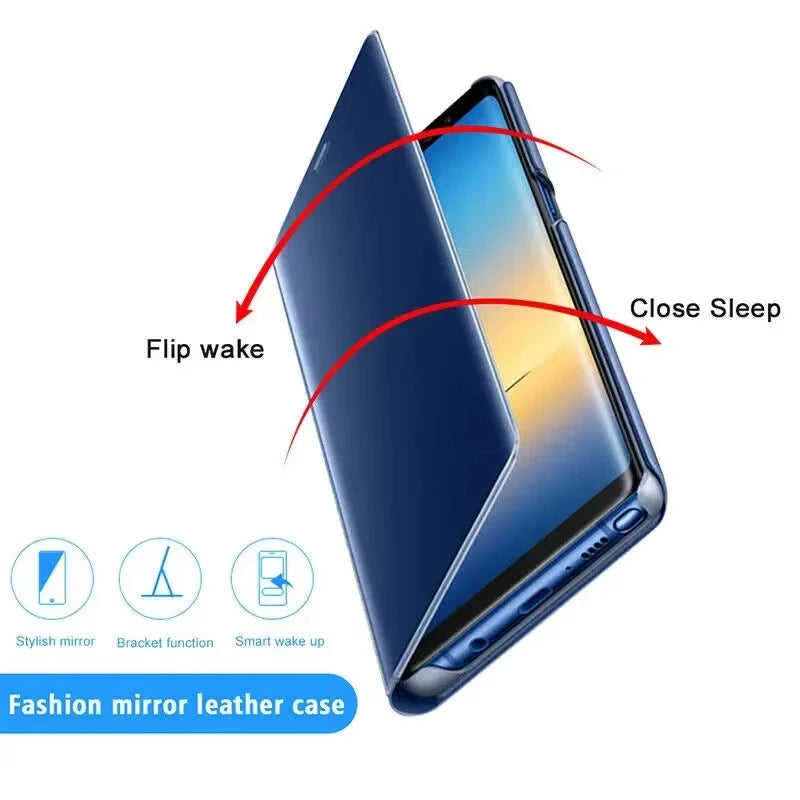Luxury Mirror Flip Case for Samsung Galaxy S21–S26 Series – Shockproof Leather Texture Protective Cover