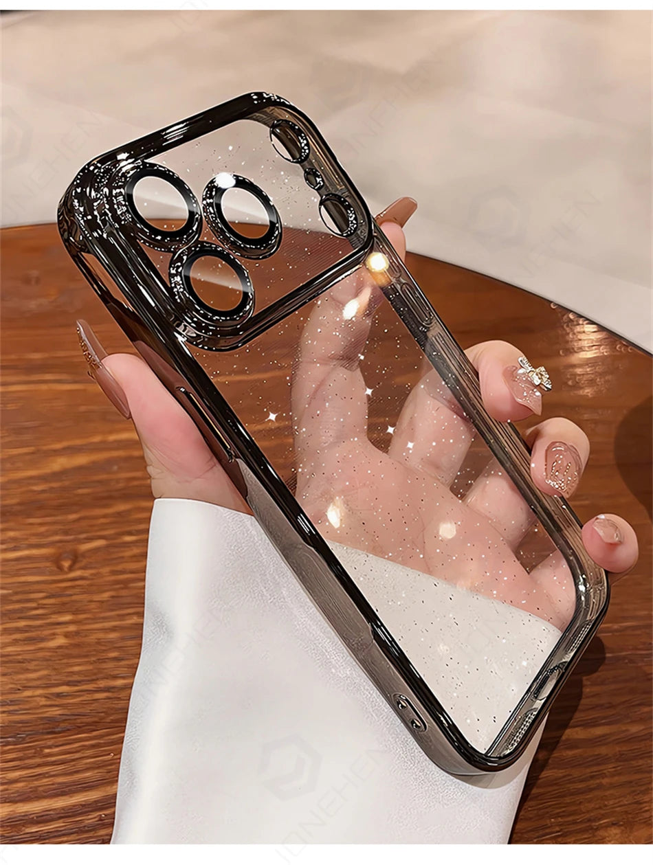 Luxury Transparent Glitter Clear Slim Case for iPhone 12–17 Series, Orange Painted Bumper Lens Protection Hard Cover