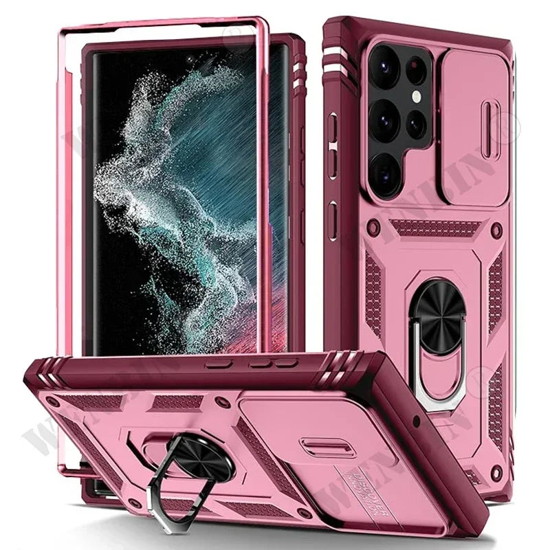 Heavy Duty Kickstand Case for Samsung Galaxy S23–S26 & A Series – 360° Camera Protection Cover for Ultra / Plus / FE / A17 / A16 / A57 / A56 / A37 / A36 5G