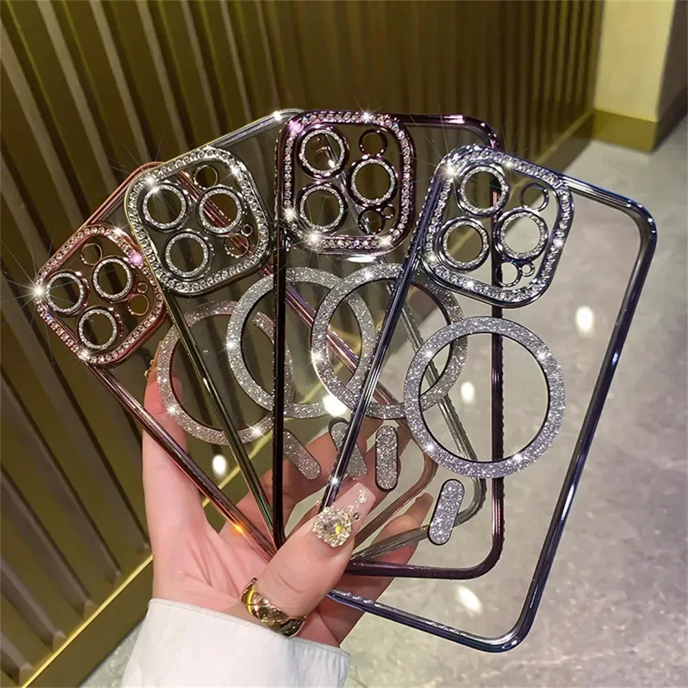 Glitter Diamond Transparent Phone Case for iPhone 11–17 Series – Magnetic Wireless Charging Bumper Cover