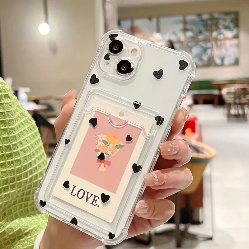 Love Heart Wallet Phone Case for iPhone 7–16 Series – Clear Card Holder Protective Cover