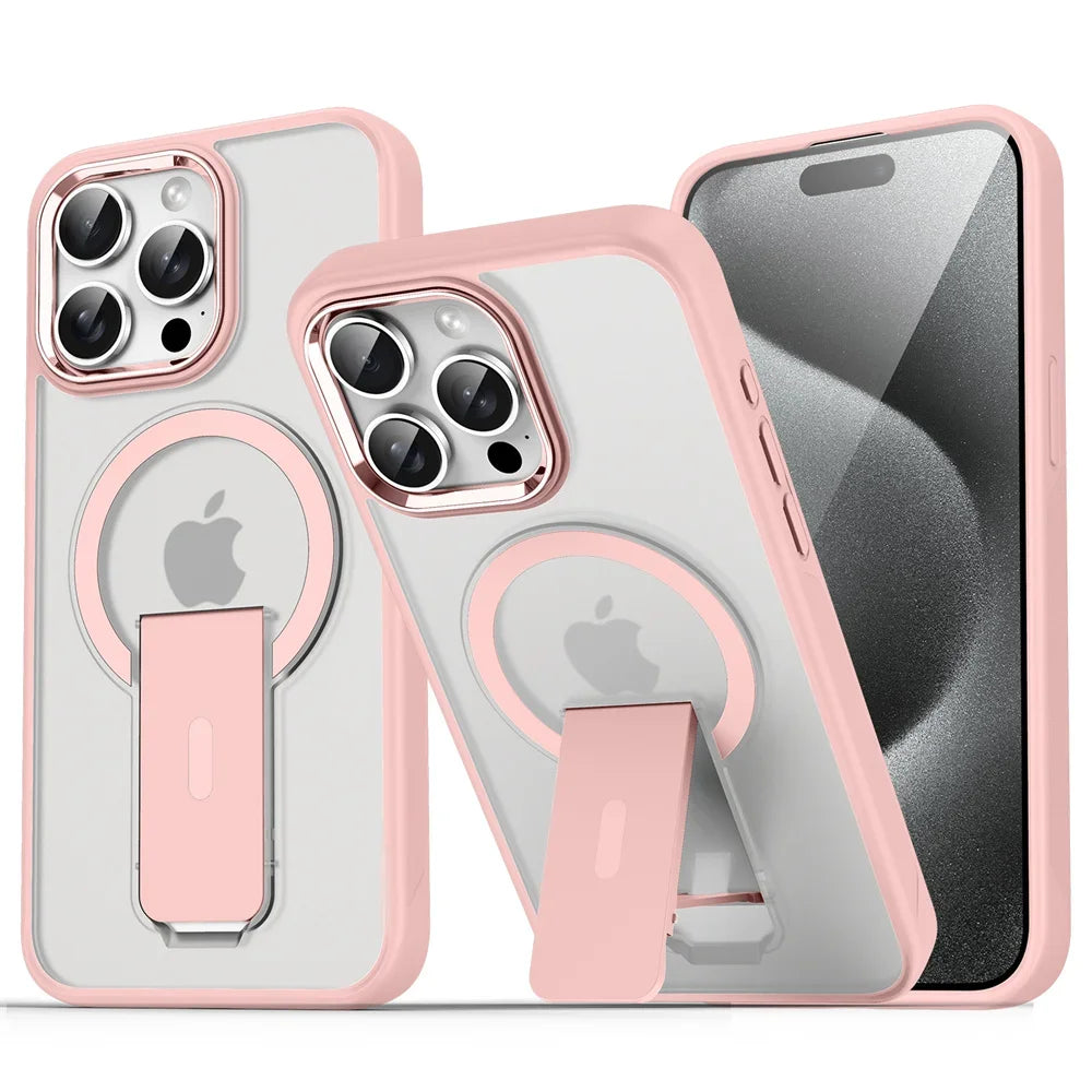 Luxury MagSafe Folding Stand Case for iPhone 11–16 Series – Magnetic Matte Translucent Protective Back Cover