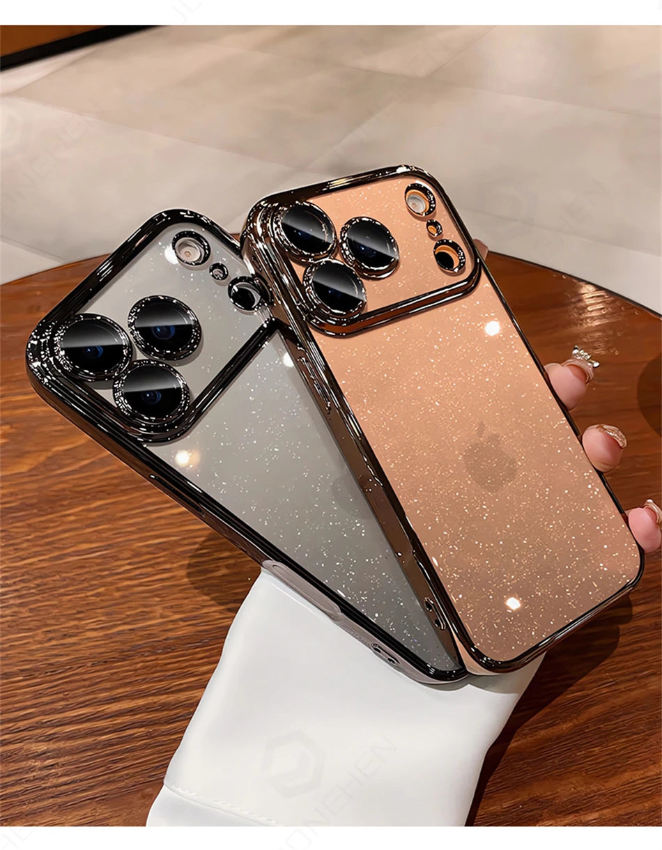 Luxury Transparent Glitter Clear Slim Case for iPhone 12–17 Series, Orange Painted Bumper Lens Protection Hard Cover
