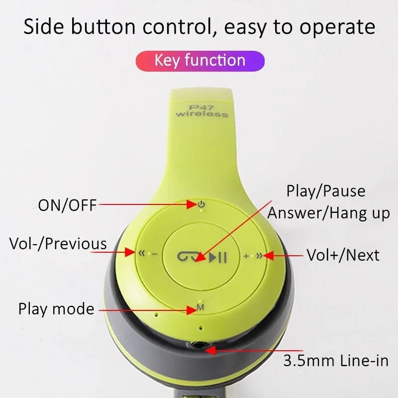 P47 Bluetooth Wireless Headphones – Foldable HiFi Stereo Bass Earphones with Mic & USB Adapter for iPhone, Gaming & Kids