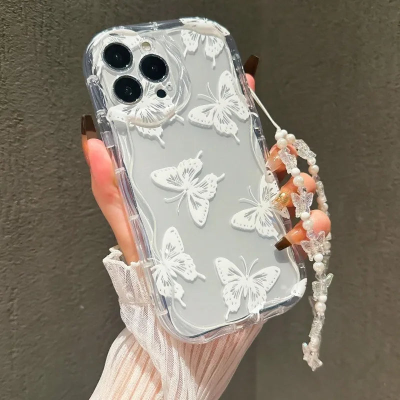 Butterfly Pattern Phone Case for iPhone 7–17 Series – Transparent Protective Cover with Lanyard