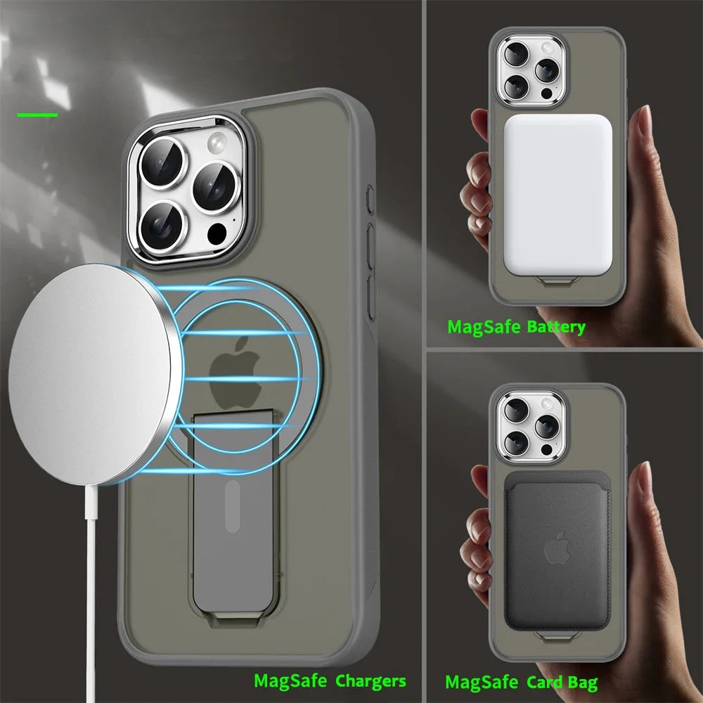Luxury MagSafe Folding Stand Case for iPhone 11–16 Series – Magnetic Matte Translucent Protective Back Cover