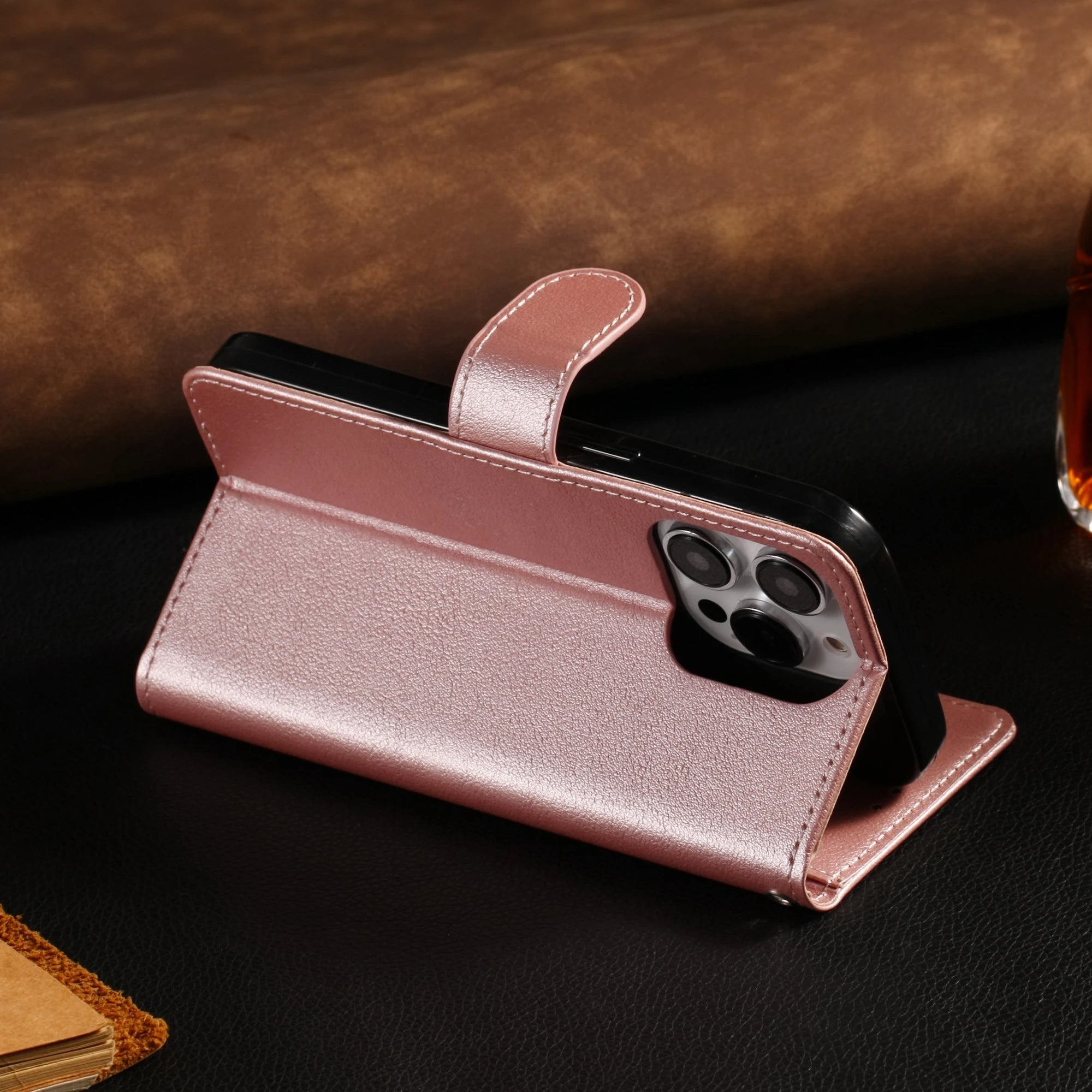 Leather Flip Wallet Stand Case for iPhone 6–15 Series, Protective Cover