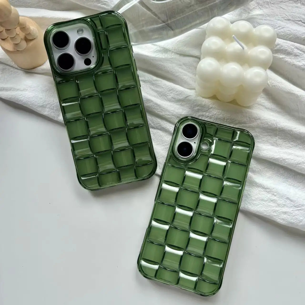 Green Woven Plaid Phone Case for iPhone 11–17 Series – 3D Cube Pattern Soft Transparent Protective Cover