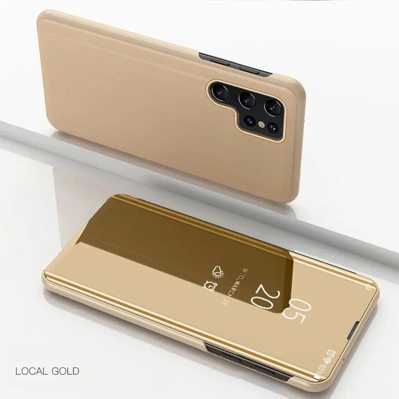 Luxury Mirror Flip Case for Samsung Galaxy S21–S26 Series – Shockproof Leather Texture Protective Cover