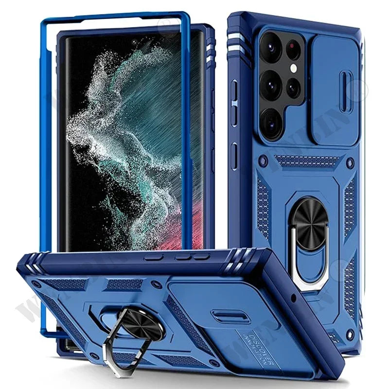 Heavy Duty Kickstand Case for Samsung Galaxy S23–S26 & A Series – 360° Camera Protection Cover for Ultra / Plus / FE / A17 / A16 / A57 / A56 / A37 / A36 5G