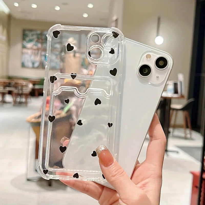 Love Heart Wallet Phone Case for iPhone 7–16 Series – Clear Card Holder Protective Cover