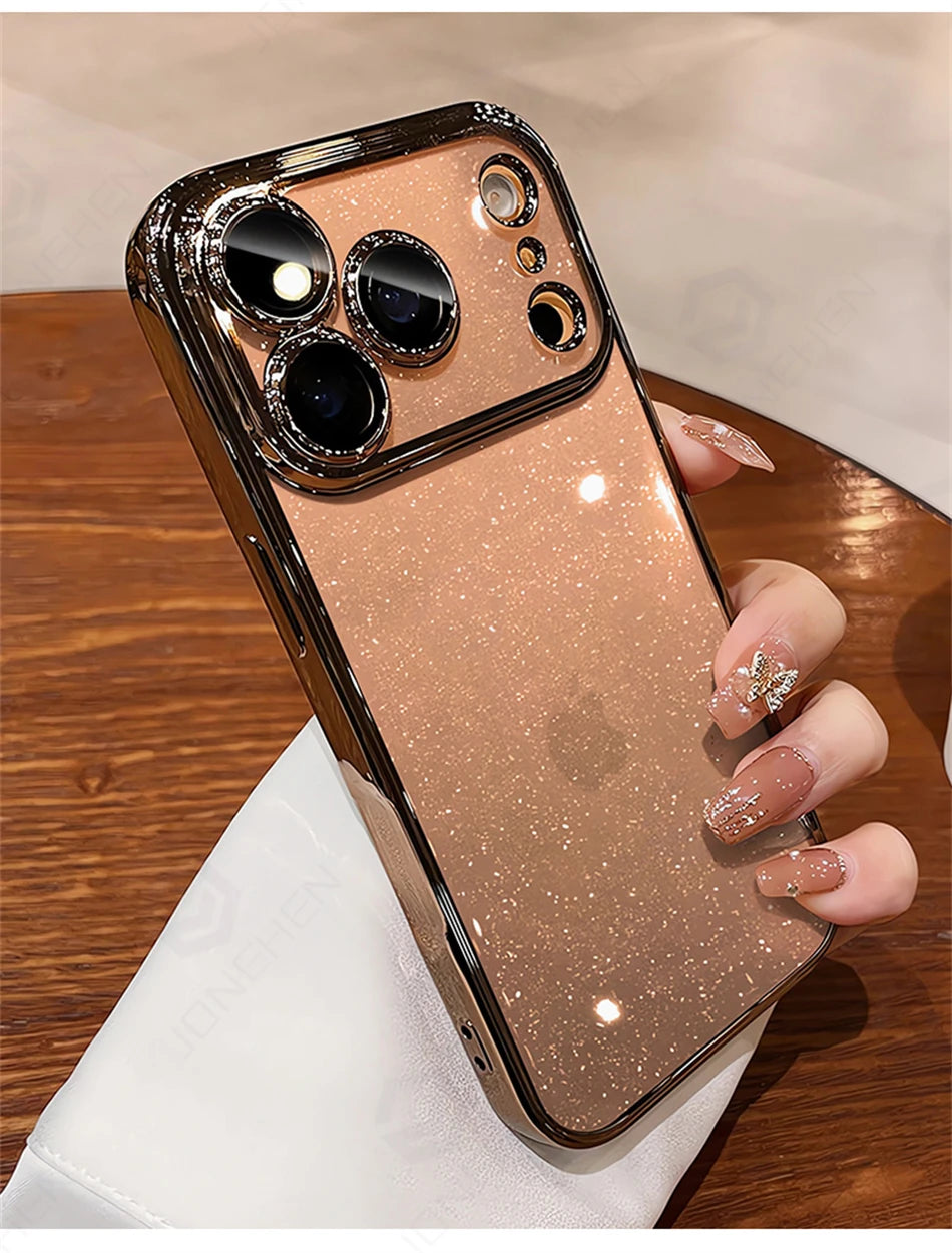 Luxury Transparent Glitter Clear Slim Case for iPhone 12–17 Series, Orange Painted Bumper Lens Protection Hard Cover