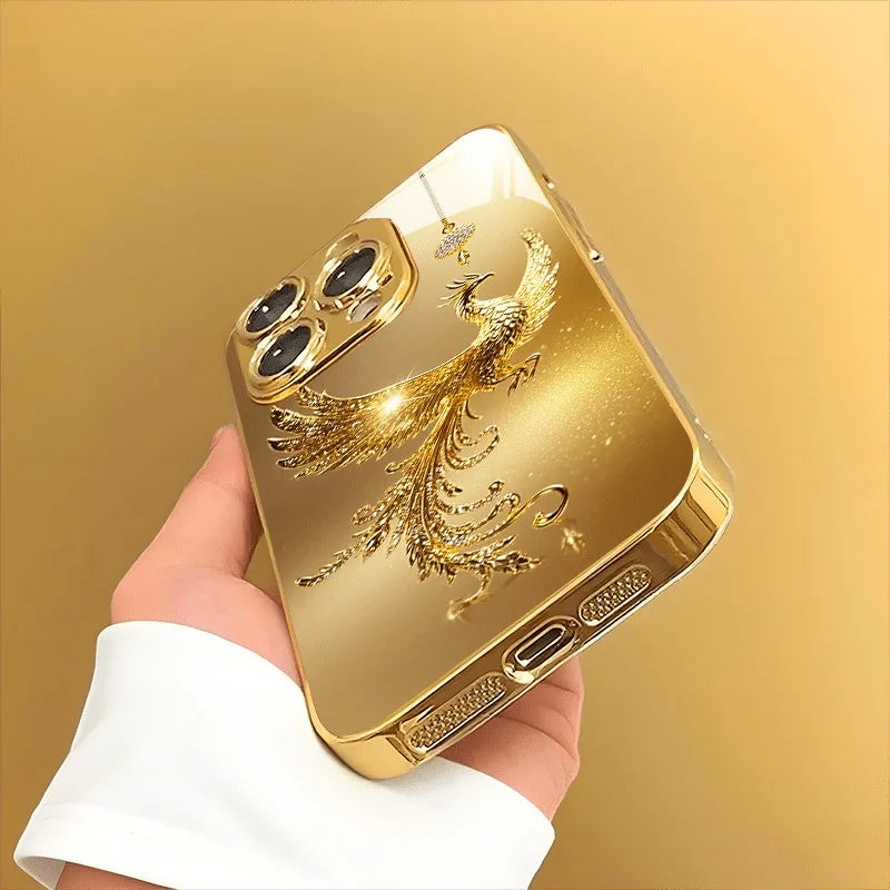 Golden Phoenix Metallic Glass Phone Case for iPhone 11–17 Series – Luxury Diamond Pattern Protective Cover