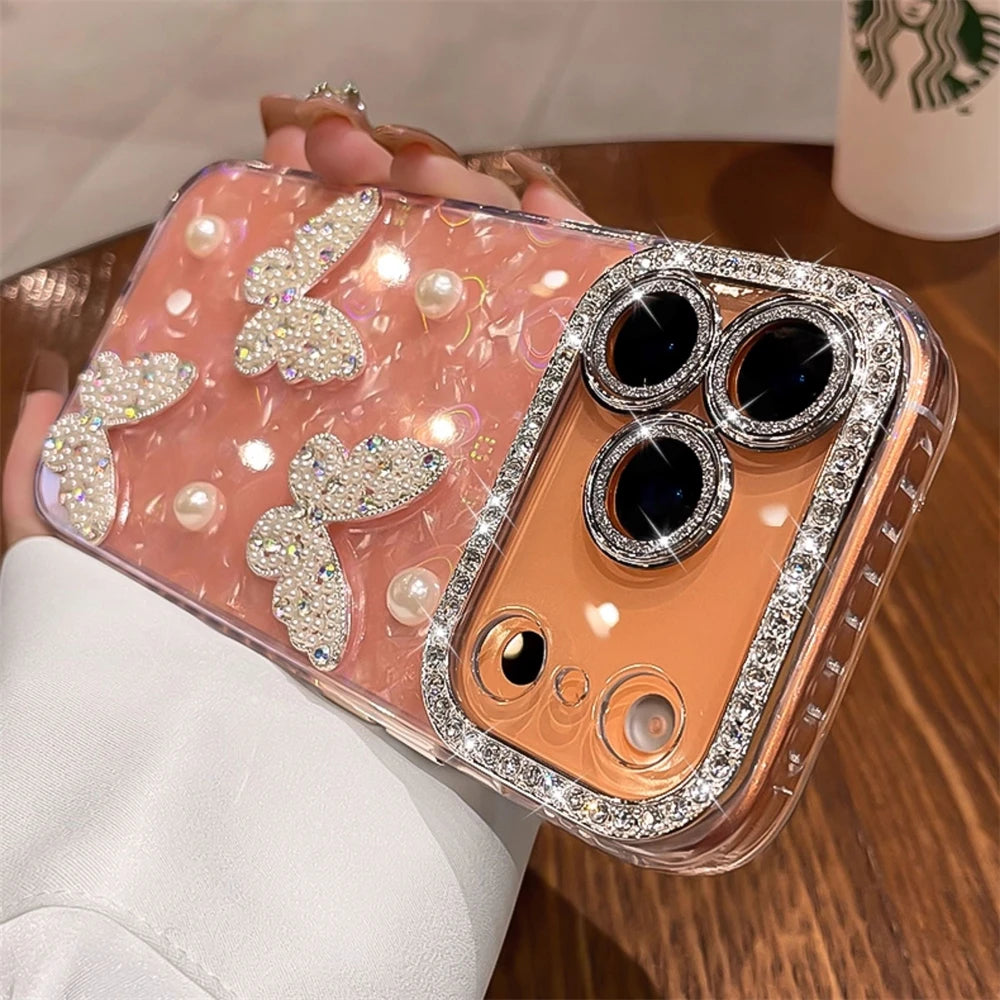 Rhinestone Glitter Pearl Butterfly Phone Case for iPhone 12–17 Series, Diamond Camera Protection Cover