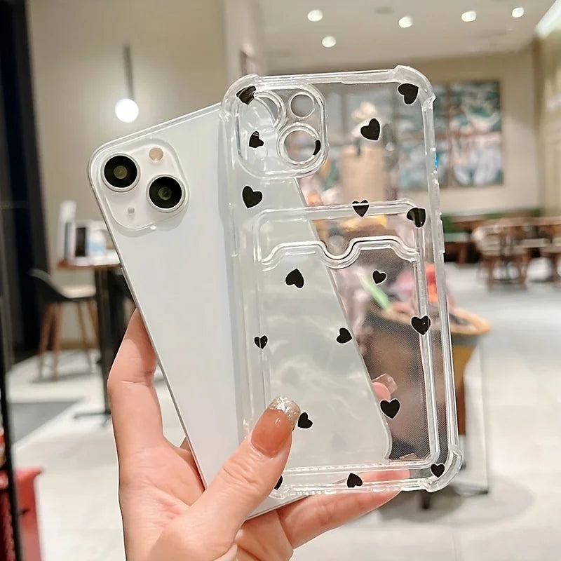 Love Heart Wallet Phone Case for iPhone 7–16 Series – Clear Card Holder Protective Cover