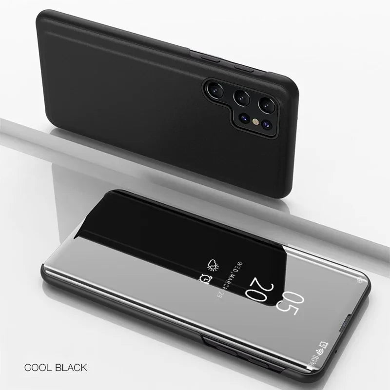 Luxury Mirror Flip Case for Samsung Galaxy S21–S26 Series – Shockproof Leather Texture Protective Cover