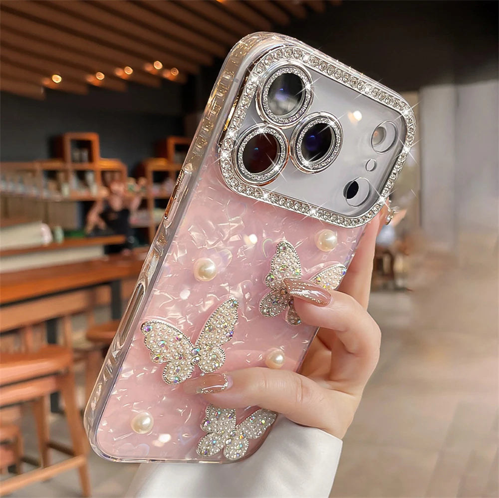 Rhinestone Glitter Pearl Butterfly Phone Case for iPhone 12–17 Series, Diamond Camera Protection Cover
