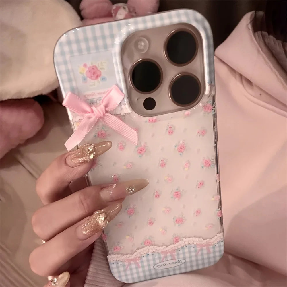 Retro Plaid Floral Bowknot Phone Case for iPhone 7–17 Series – Korean Style Soft Protective Cover