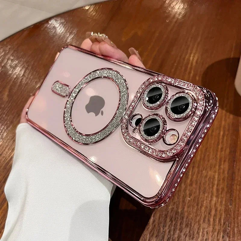 Glitter Diamond Transparent Phone Case for iPhone 11–17 Series – Magnetic Wireless Charging Bumper Cover
