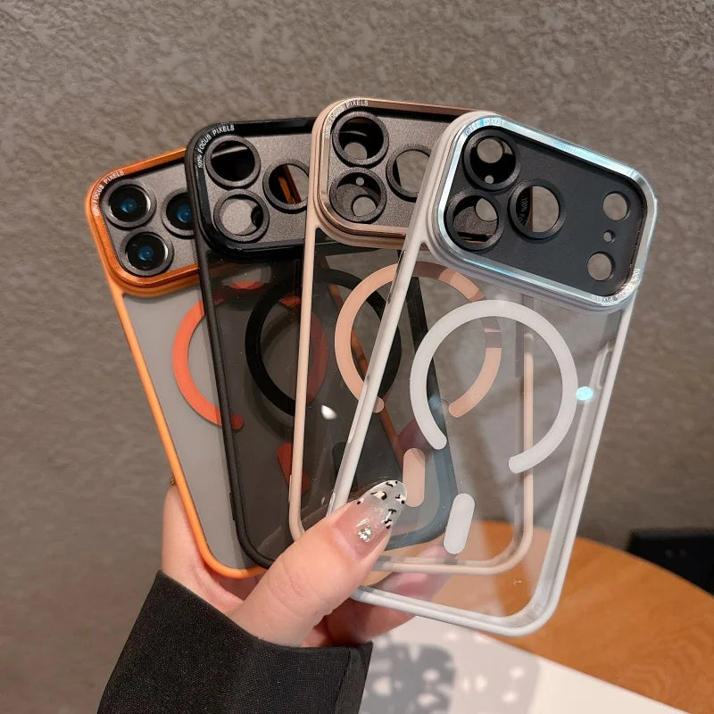Transparent Metal Camera Bumper Case for iPhone 11–17 Series – MagSafe Compatible Magnetic Clear Protective Cover